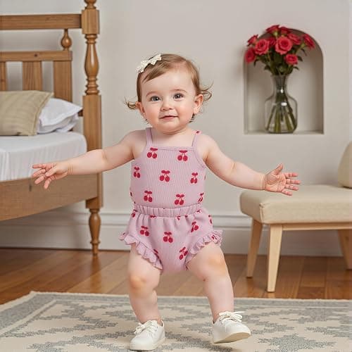 Kaipiclos Cherry Baby Outfit Newborn Infant Girl Clothes Rib Knit Romper & Shorts Waffled Baby Clothes for Girls 0 3 6 12 18M thumbnail 2