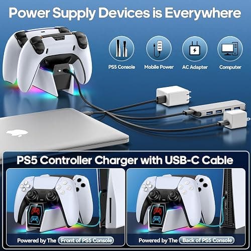 Tokluck PS5 Controller Charger Station - Compatible with Playstation 5 Edge & Dual Controller Gaming, Games Charging Station with Cable, PlayStation Games Dock Stand for with LED Indicators, White thumbnail 3