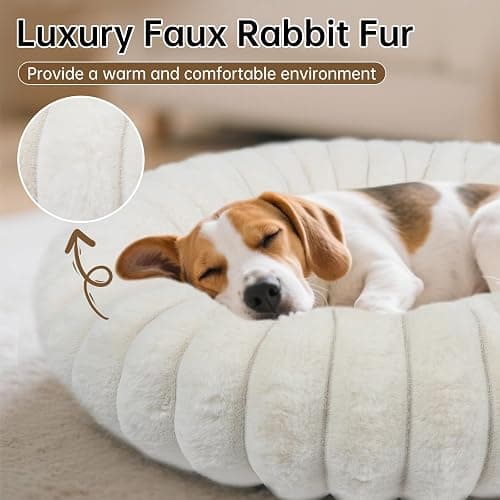 Vhen When Donut Dog and Cat Bed, Luxurious Comfortable Faux Rabbit Fur Pet Beds, Round Anti-Anxiety Calming Puppy Kitten Bed with Anti-Slip Bottom for Small Medium Dogs & Cats(20", White) thumbnail 2