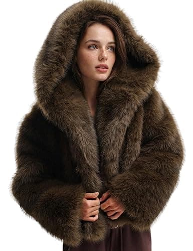 Wyeysyt Women's Faux Fur Coat with Hood Open Front Cropped Fluffy Jacket - Image 1