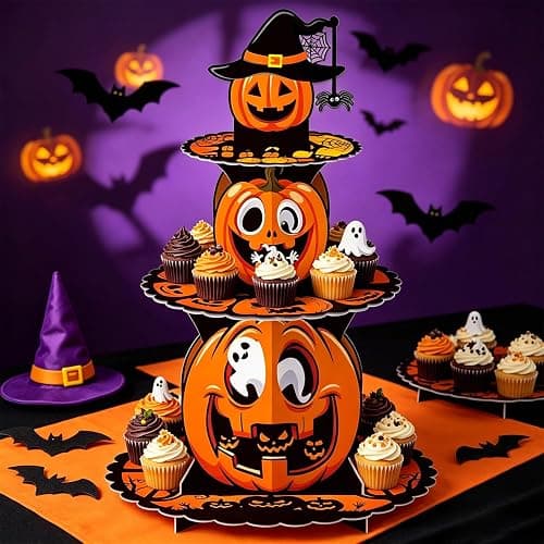 3 Tier Halloween Cupcake Stand - Cardboard Pumpkin Dessert Display Holder | Cupcake Tower for Spooky Party Table, Haunted House Treats, Trick-or-Treat Setup, and Halloween Decorations thumbnail 7