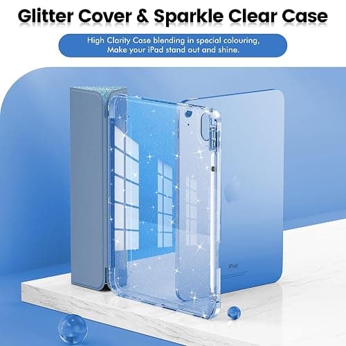 INFILAND Compatible with iPad A16 11th Generation 11 Inch 2025 Case, iPad Case 10th Generation 10.9 Inch, Glitter Cover with Sparkly Clear Back, Pencil Holder, for Kids Girls (Blue) thumbnail 3