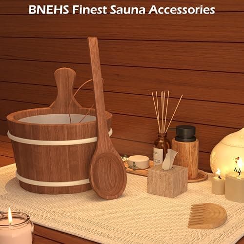BNEHS Sauna Bucket and Ladle, Sauna Accessories Made of Hand-Made Red Cedar, Wooden Sauna Set with Plastic Lining and Handle thumbnail 7