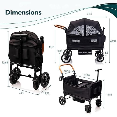 Luxury Wagon Stroller for 2 Kids & Cargo-Lightweight Foldable Travel Push Pull All-Terrain Double Wagon for Newborn&Toddler with 5-Point Harness,Adjustable Handle, Canopy,Tray Table,Cup Holder thumbnail 2