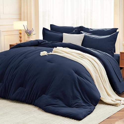 MUXHOMO 7 Pieces Full Comforter Set, Soft Bed in a Bag Full Size, All Season Bedding Set with Comforter, Flat Sheet, Fitted Sheet, Pillowcases & Shams, Navy Blue - Image 1