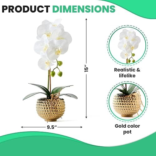 Hisow Orchids Artificial Flowers, 15" Faux Orchid in Gold Flower Pot Real Touch Flowers in Pot Large Flower Arrangements Artificial Centerpiece for Home Living Room Bathroom Kitchen Decoration (White) thumbnail 3