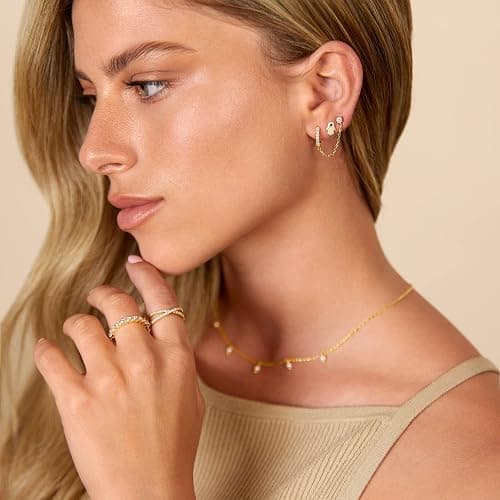 PAVOI 14K Gold Chain Earrings for Women | Double Piercing Dangle Chain Huggie Hoop Earrings | Cubic Zirconia Pearl Stud Ear Cuff Earrings for Women thumbnail 2