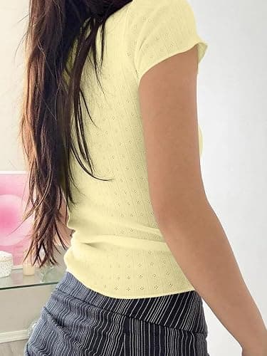AKLOPVII Women Y2K Lace Patchwork Pointelle Knit Short Sleeve Crop Tshirt Sexy Scoop Neck Bow Fitted Aesthetic Tee Tops thumbnail 2