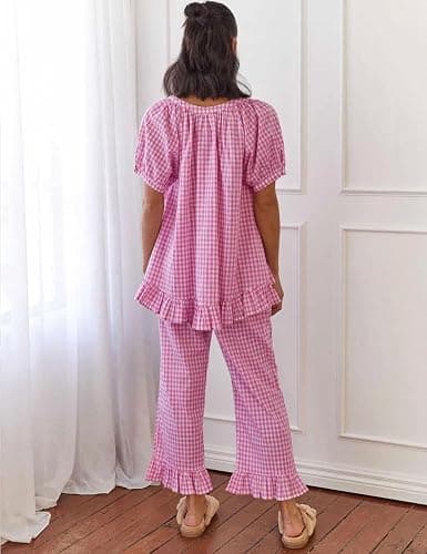 Flygo Womens Plaid 2 Piece Pajamas Sets Gingham Button Down Puff Sleeve Babydoll Shirt Ruffle Pants Y2K Pjs Lounge Set thumbnail 4