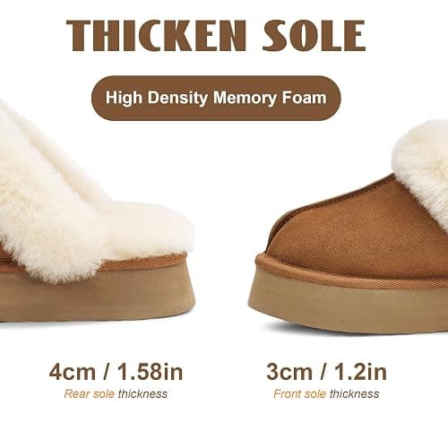 OOW Fuzzy Platform Slippers for Women - Women's Casual Winter House Slippers - Brown, Faux Fur & Shearling Blend - Women's Size thumbnail 4