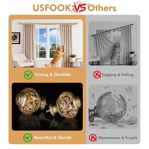 1 Inch Gold Double Curtain Rods 36 to 72 Inches (3 to 6 ft), USFOOK Drapery Rods for Windows, Telescoping Dual Curtain Rod with Luxury Translucent Finials thumbnail 5
