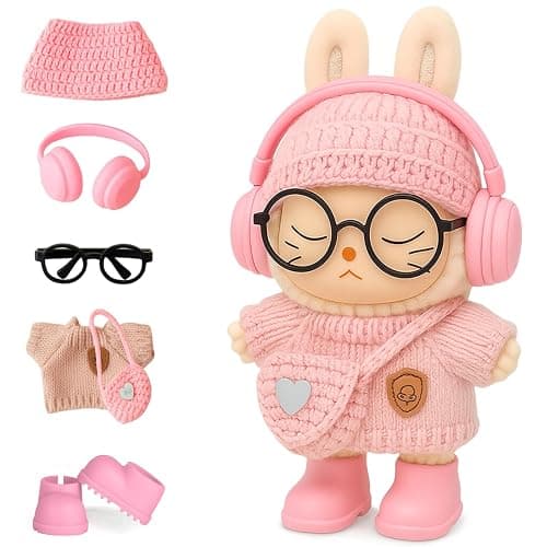 AERHENM 17cm Doll Clothes 6-Piece Outfit Set – Handmade Crochet Sweater, Hat, Bag, Shoes, Glasses & Headphones – Fashion Accessories for 5.91–6.7" Mini Dolls – Doll Not Included (Pink) - Image 1