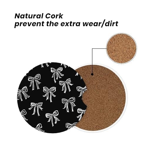 Black White Bows Print 2 Pack Car Cup Holder Coaster Ceramic Cork Base Drink Coasters for Home Kitchen Office Party Table Decor Auto Accessories Gifts thumbnail 7
