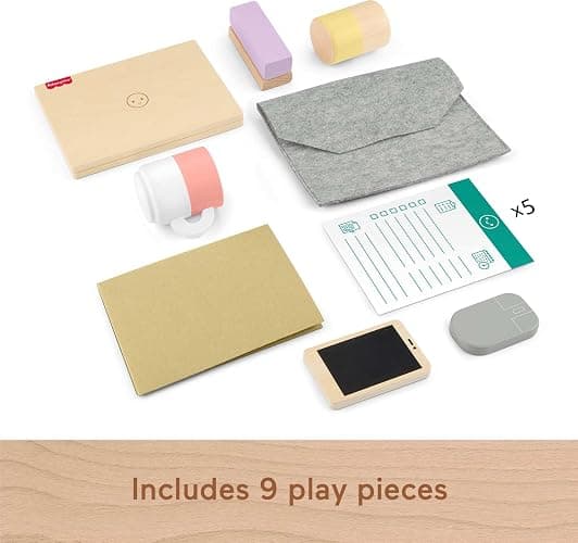 Fisher-Price Wood Pretend Play Work from Home Set, 9-Piece Office Playset with Wooden Toy Laptop & Phone for Preschool Kids Ages 3+ Years thumbnail 6