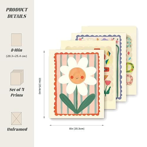 LARTSFRO Cute Kids Floral Wall Art Decor Posters, Smile Floral Artwork Room Bedroom Bathroom Playroom Wall Art Decor Aesthetic for Toddler Nursery Kids Gifts, Play Room Decor for Kids Colorful Wall Decor, 10x8 Inch Set of 4 Pcs Pictures (UNFRAMED) thumbnail 2