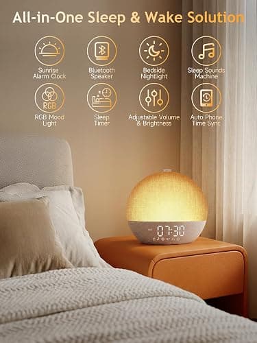Despertador Amanecer, Despertador con Luz Natural Simulación de Amanecer, Lámpara de Cabecera Bluetooth, 30 Sonidos Ruido Blanco, 17 Modos de Luz RGB, 20 Niveles de Brillo, Temporizador y Snooze thumbnail 4