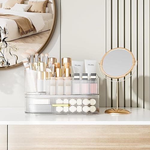 Delamu Makeup Organizer for Vanity with Stackable Drawers, 360 Rotating Makeup Brush Holder Large Cosmetic Display Case, Bathroom Skincare Storage, Crystal Clear, Ideal Christmas Gifts for Girls thumbnail 8