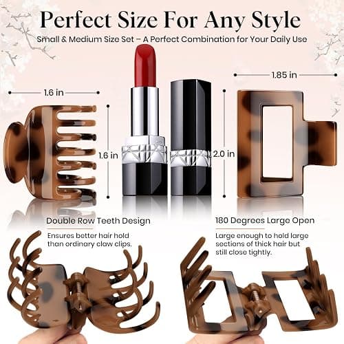 Oeusnael 8 PCS Medium Hair Clips for Women Girls - 2 Styles Rectangle and Double Row Teeth Small Claw Clips for Thin Thick Hair, Strong Hold Jaw Clips Stylish Leopard Print Hair Accessories, Tortoise thumbnail 2