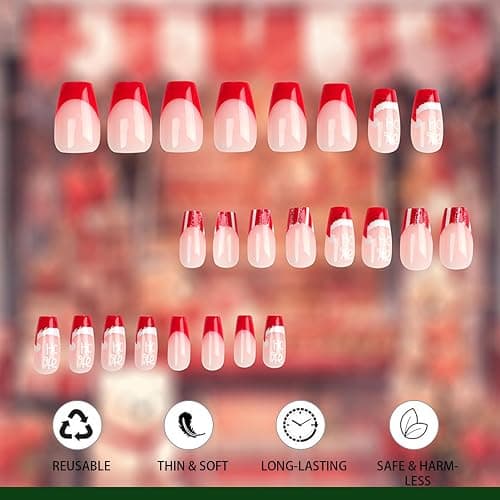 Christmas False Nails,24Pcs Square Stick on Nail with Red Hat Design, Short Press On Ballet Nude Pink Fake Nails with Glue Sticker for Women Gift (Red,Nude Pink,Hat) thumbnail 3
