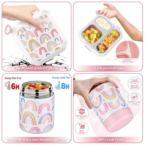 wiwens Bento Lunch Box for Kids with 12oz Soup Thermo Leak-Proof Lunch Food Container with 5 Compartment Thermo Hot Food Jar and Insulated Lunch Bag for Kid Toddler Girls Boys to School thumbnail 4