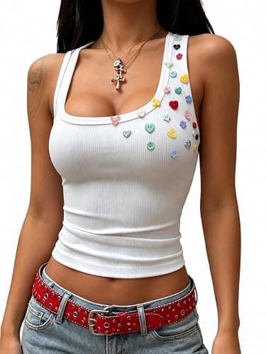 WDIRARA Women's Y2k Colorful Button Ribbed Square Neck Sleeveless Tank Tops | Twist Back, Stretchy, Soft, Camisole, Trendy, Daily Outfits, Vacation, Going Out Tops - Image 1