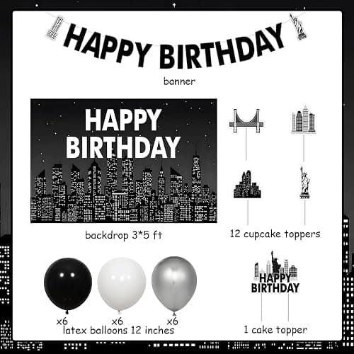 Cheerupp Black New York City Skyline Theme Birthday Decorations Set | Black NYC Skyline City Themed, NYC Skyscraper Design, Backdrop, Banner, Cake Cupcake Toppers, Balloons, for Bday Party thumbnail 6