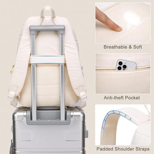 kadilong Laptop Backpack for Women College Travel,Quilted Daypack Bookbag for School Teen Girls Mochilas Mujer,Beige thumbnail 5
