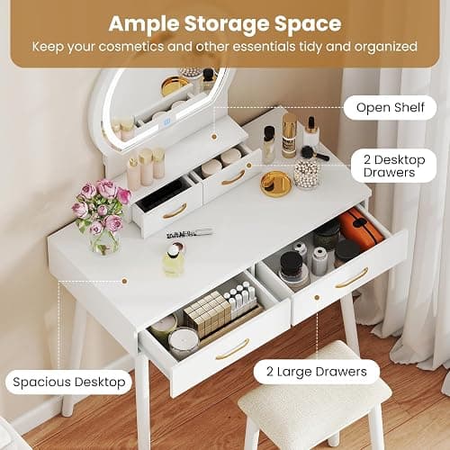CHARMAID Vanity Desk with Mirror and Lights, Modern Makeup Vanity Table with 4 Drawers, 3-Color Dimmable LED Mirror, Girls Dressing Table and Stool Set for Small Bedroom (White) thumbnail 3