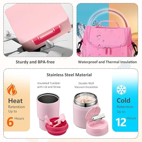 Pawtong Lunch Box Set with Bento Box Container, 17OZ Stainless Steel Food Soup Thermo, Kids Water Bottle & Portable Insulated Lunch Bag – Leakproof, Hot/Cold Retention for School, Travel(Pink) thumbnail 6