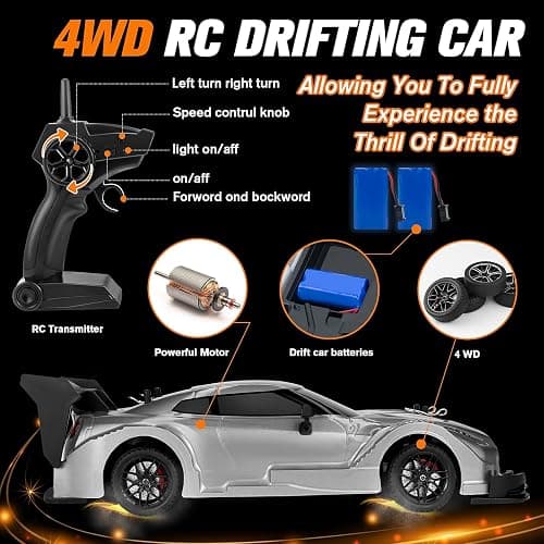 PANKQQ RC Drift Car, 1:16 Scale Drifting RC Cars, 2.4GHz 4WD RC Race Car, 40km/h High-Speed Remote Control Drift Car Vehicle, Racing Sport Toy Easter Basket Stuffers Gift for Boys Girls Kids(Silver) thumbnail 6