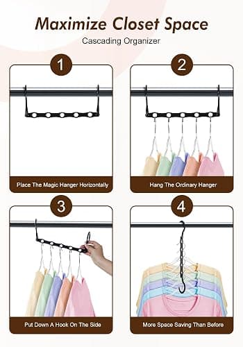 Closet Organizers and Storage 6 Pack, College Dorm Room Essentials, Multifunctional Organizer Magic Space Saving Hangers with 5 Holes, Storage Organization for Wardrobe Closet - Black thumbnail 6