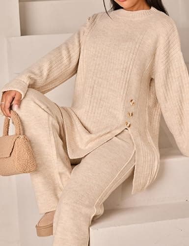 HYLLGUD Womens Sweater Sets 2 Piece Outfits round neck Pullover Wide Leg Pant Slouchy Loungewear thumbnail 2