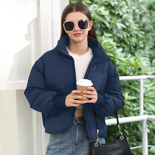Women’s Winter Cropped Puffer Jacket Coat Casual Quilted Baggy Long Sleeve Zip Down Jackets Outerwear thumbnail 3
