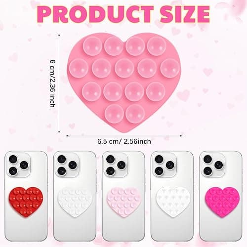 Teenyyou 6 Pcs Heart Suction Phone Grip, Silicone Suction Phone Case Sticky Mount Double Sided Hands-Free for Selfies Videos Mobile Devices Mirror Glass(Pink Series) thumbnail 4
