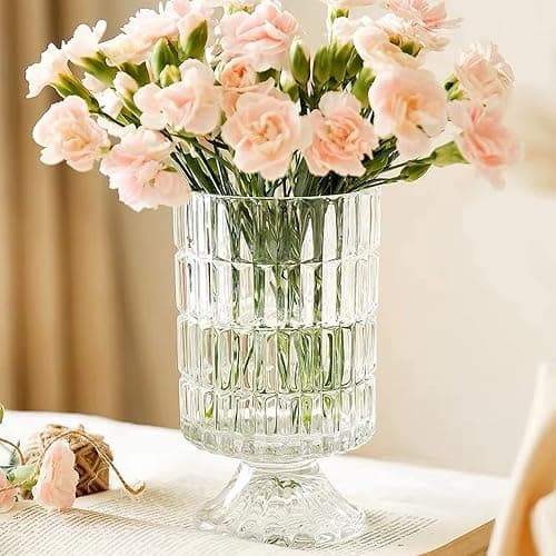 BLOFLO Embossed Glass Vase, 7'' Crystal Glass Vases, Pedestal Big Base Glass Bouquet Vase, Hydroponic Glass Transparent Vase for Home Office Wedding Dining Table Party (Ribbed Pattern) - Image 1