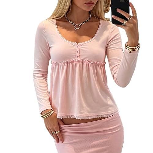 Womens Babydoll Top Y2K Long Sleeve Peplum Flowy Tee Shirt | 65% Cotton,Teen Girls Cute Baby Doll Shirts,Square Neck Button Front Henley T Shirt,Fairy Grunge Aesthetic Top - Image 1