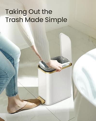 Cesun Small Bathroom Trash Can with Lid Soft Close, 5 Liter/1.3 Gallon Stainless Steel Garbage Can with Removable Inner Bucket, Step Pedal, Slim Waste Basket for Toilet, Office, Bedroom (White&Gold) thumbnail 6