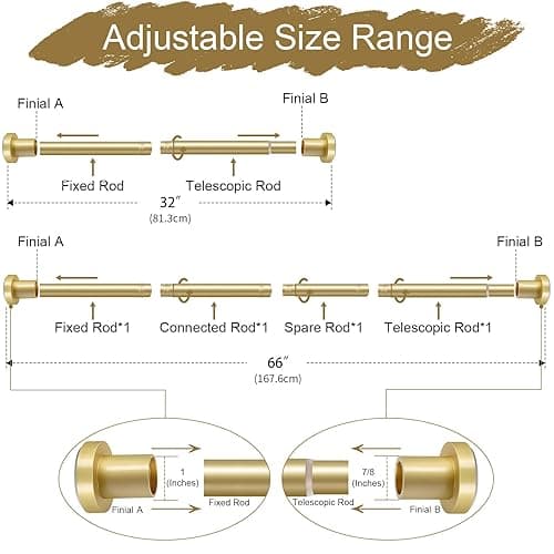 YNL Gold Shower Curtain Rod 32-64 Inch(2.7-5.33ft), Non-Slip, Never Rust, Stainless Steel No Drill Spring Tension Shower Rod, Adjustable Curtain Rod for Small Window Doorway Closet - Gold - 32-64Inch thumbnail 2