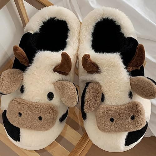 Nackiy Cow Slippers for Women & Men, Cute Animal Fuzzy Slides, Soft Cotton Plush Indoor Outdoor Shoes for Bedroom Living Room House thumbnail 2
