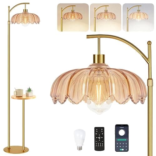 QIYIZM Gold Floor Lamp with Table and Shelves for Living Room Bedroom,Glass Standing Lamp with Remote Dimmable,Boho Brass Tall Lamp Vintage Farmhouse Arc Flower Floor Light Bohemian - Image 1