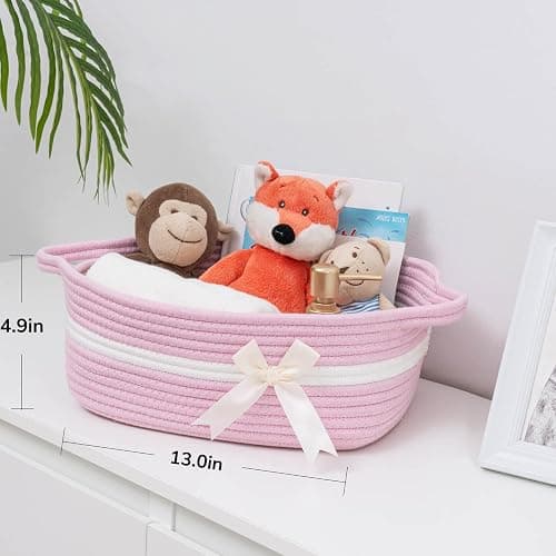 CHICVITA Pink Baby Girl Gift Basket, Small Woven Rope Basket, Rectangle Shelf Baskets for Bathroom, Cute Nursery Storage Baskets for Toys, Diapers, Towels, Snacks, 13 x 9.8 x 5 inches thumbnail 3