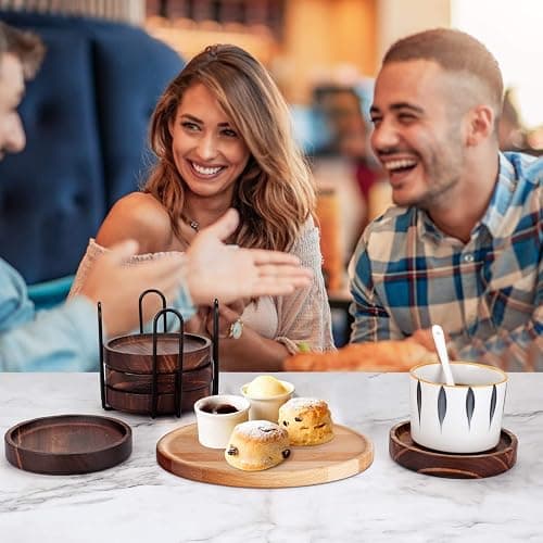 6Pcs Wooden Coasters for Drink-Acacia Wood Drink Coasters Set with Holder | Coffee Table Coasters for Drinks,Modern Cup Coaster for Kitchen Accessories Cute Beer Bar Decorative Rustic Outdoor Coasters thumbnail 2