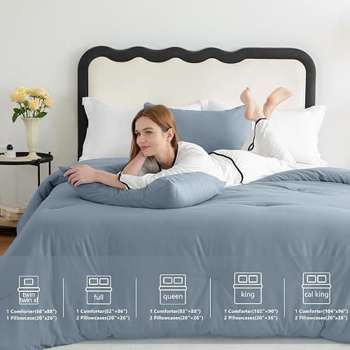 CozyLux Grayish Blue Full Size Comforter Set, 3 Pieces Dusty Blue Solid Breathable Quilted Bedding Sets, Luxury Soft Bed Set with Down Alternative Comforter All Season (1 Comforter & 2 Pillowcases) thumbnail 6