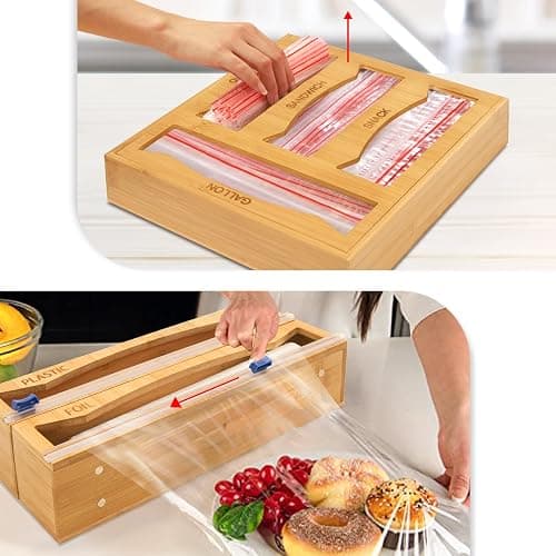 WHOMASS 6-in-1 Magnetic Bamboo Drawer Organizer for Food Bags and Wraps Adjustable Compartment Storage with Dispenser and Cutter Fits Gallon Quart Sandwich and Snack Sizes thumbnail 5