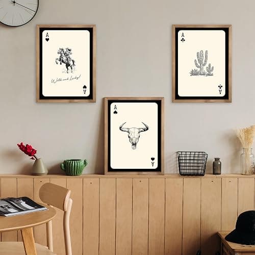 flangairy 3 Piece Western Wall Art Framed, 15.7×11.8 In Wooden Cowgirl Longhorn Bull Skull Cactus Wall Decor, Playing Card Themed Southwestern Rustic Farmhouse Decorations for Home Bedroom Living Room thumbnail 5