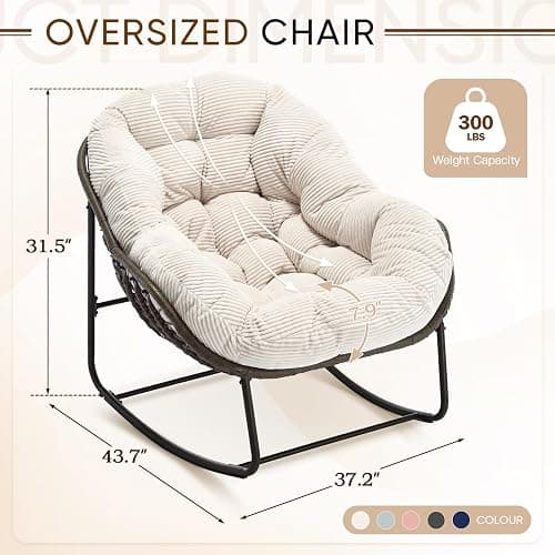 Large Indoor Rocking Chair, Oversized Rocking Papasan Chair with Thick Cushion and Frame,Comfy Corduroy Rocker Wicker Egg Chairs Lounge Reading Chair for Living Room, Bedroom, Apartment, White thumbnail 2