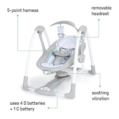 Ingenuity ConvertMe 2-in-1 Compact Portable Automatic Baby Swing & Infant Seat, Battery-Powered Vibrations, Nature Sounds, 0-9 Months 6-20 lbs (Raylan) | Electric Swing to Infant Seat, 5 Swing Settings, Battery-Saving Vibrations, Nature Sounds, USB PowerAdapt Cord, 6-20 lbs thumbnail 4