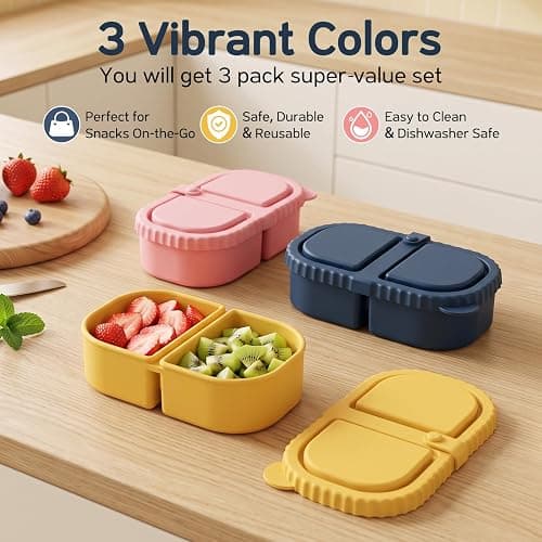 ICEROYCE 3 Pack Silicone Snack Containers for Kids, 2 Compartment Lunch Box | 8 oz Capacity, Leakproof Lid, Food Grade Silicone, Separate Compartments for School Lunch, Daycare and Travel thumbnail 3
