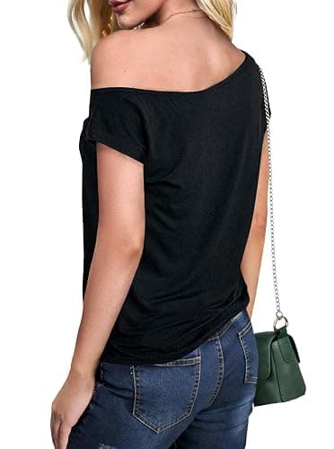 Remidoo Off The Shoulder Tops for Women Graphic Asymmetrical Gothic Shirt | Goth, Witchy clothes, Short Sleeve, Off Shoulder Tshirt, Loose Fit, Sexy, Hippie, Punk, Band, Rock, Concert, Summer, Vintage thumbnail 2