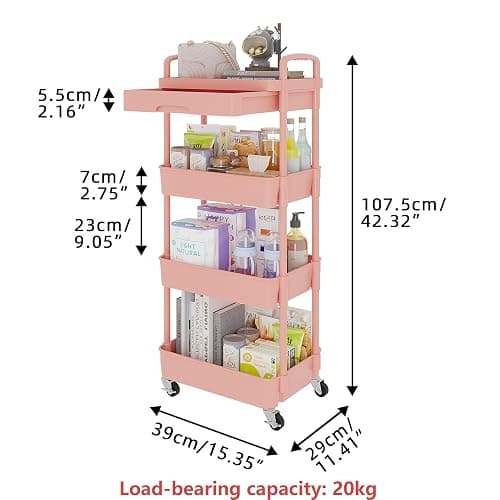 Calmootey 4-Tier Rolling Utility Cart with Drawer,Multifunctional Storage Organizer with Plastic Shelf & Metal Wheel,Storage Cart for Kitchen,Bathroom,Living Room,Office,Pink thumbnail 3